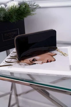 Portfel Damski Duży Czarny Złoty Ozdobny Suwak Portfele