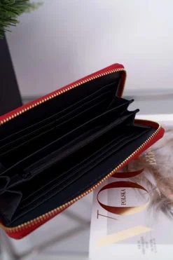 Portfele>Boto Portfel Damski Duży Czerwony Złoty Ozdobny Suwak