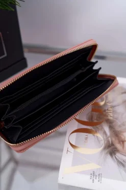 Outlet Portfel Damski Duży Różowy Złoty Ozdobny Suwak Portfele