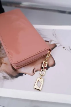 Outlet Portfel Damski Duży Różowy Złoty Ozdobny Suwak Portfele