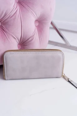 Sale Portfel Damski Duży Szary Złoty Ozdobny Suwak Portfele