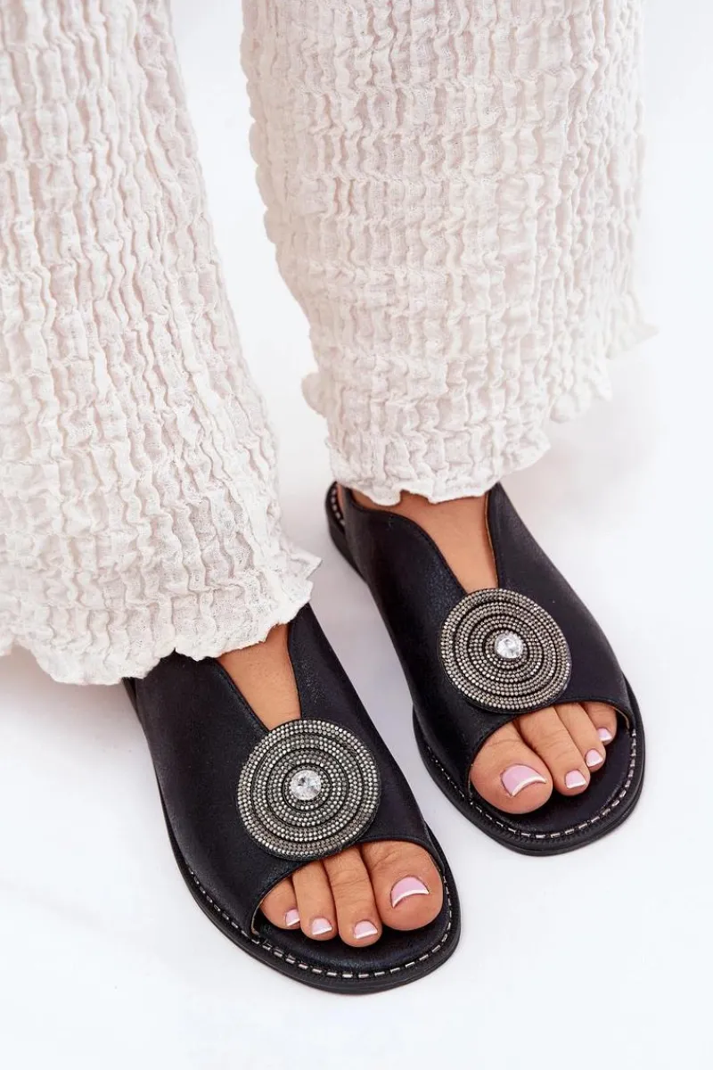 Best Połyskujące Sandały Damskie Ozdobnym Detalem S.Barski KV51-012 Czarne Damskie Sandały Z Cholewką|Sandały Płaskie