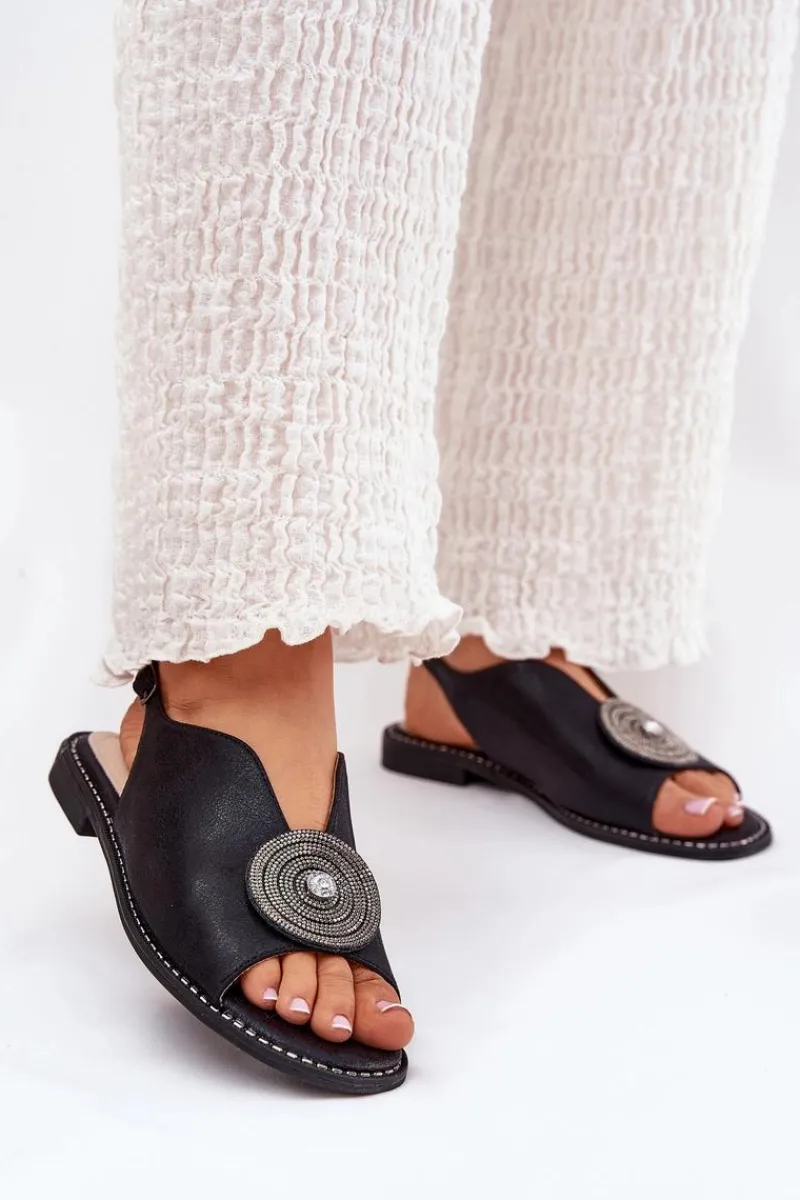 Best Połyskujące Sandały Damskie Ozdobnym Detalem S.Barski KV51-012 Czarne Damskie Sandały Z Cholewką|Sandały Płaskie