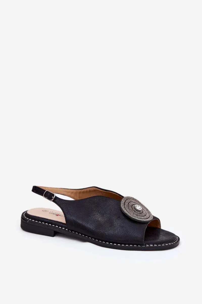 Best Połyskujące Sandały Damskie Ozdobnym Detalem S.Barski KV51-012 Czarne Damskie Sandały Z Cholewką|Sandały Płaskie