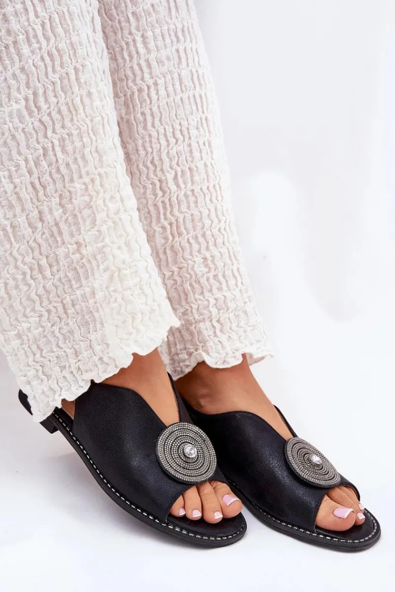 Best Połyskujące Sandały Damskie Ozdobnym Detalem S.Barski KV51-012 Czarne Damskie Sandały Z Cholewką|Sandały Płaskie