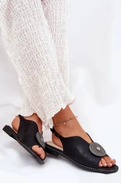 Best Połyskujące Sandały Damskie Ozdobnym Detalem S.Barski KV51-012 Czarne Damskie Sandały Z Cholewką|Sandały Płaskie