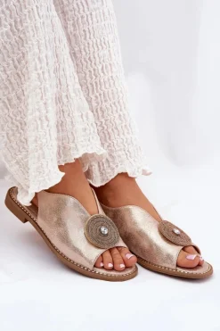 Sandały Z Cholewką|Sandały Płaskie>Damskie buty S.Barski Połyskujące Sandały Damskie Ozdobnym Detalem S.Barski KV51-012 Różowe Złoto Złoty