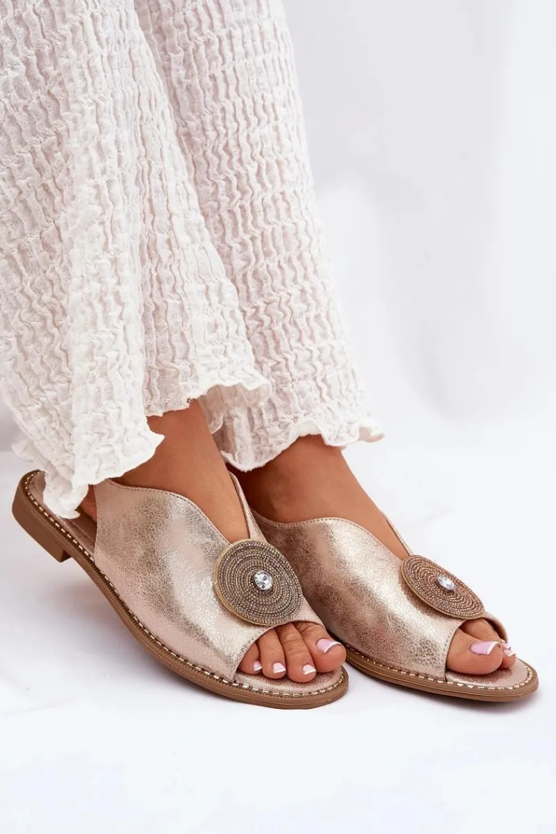 Sandały Z Cholewką|Sandały Płaskie>Damskie buty S.Barski Połyskujące Sandały Damskie Ozdobnym Detalem S.Barski KV51-012 Różowe Złoto Złoty