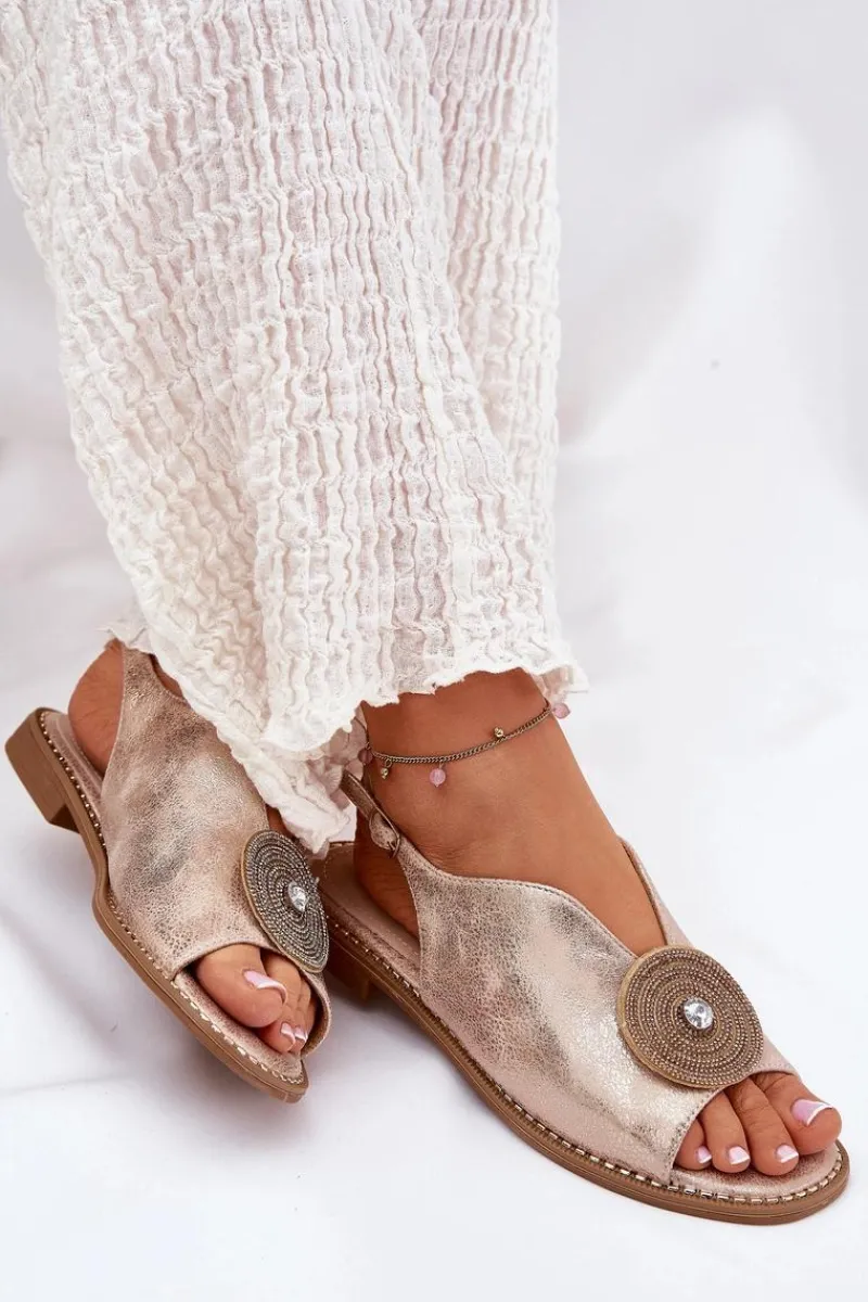 Sandały Z Cholewką|Sandały Płaskie>Damskie buty S.Barski Połyskujące Sandały Damskie Ozdobnym Detalem S.Barski KV51-012 Różowe Złoto Złoty