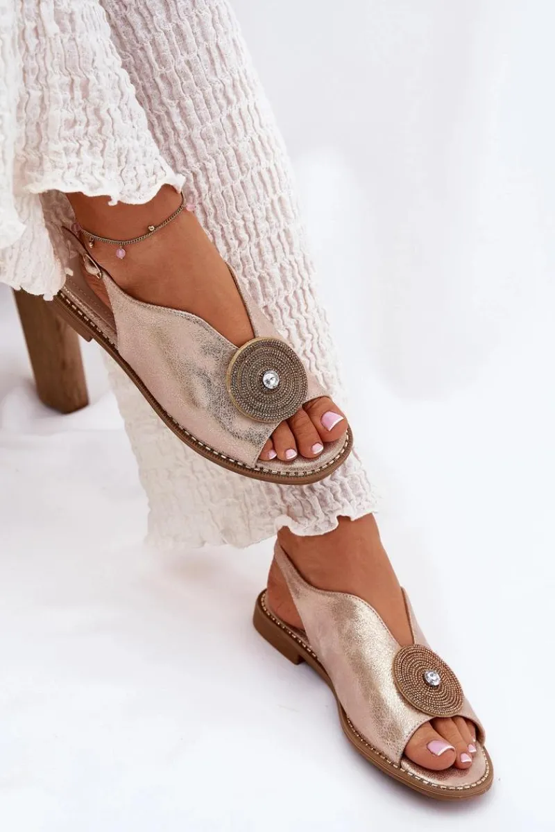 Sandały Z Cholewką|Sandały Płaskie>Damskie buty S.Barski Połyskujące Sandały Damskie Ozdobnym Detalem S.Barski KV51-012 Różowe Złoto Złoty