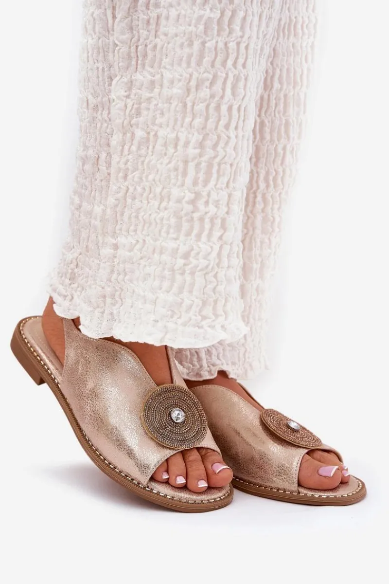 Sandały Z Cholewką|Sandały Płaskie>Damskie buty S.Barski Połyskujące Sandały Damskie Ozdobnym Detalem S.Barski KV51-012 Różowe Złoto Złoty
