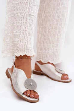 Sandały Z Cholewką|Sandały Płaskie>Damskie buty S.Barski Połyskujące Sandały Damskie Ozdobnym Detalem S.Barski KV51-012 Srebrne