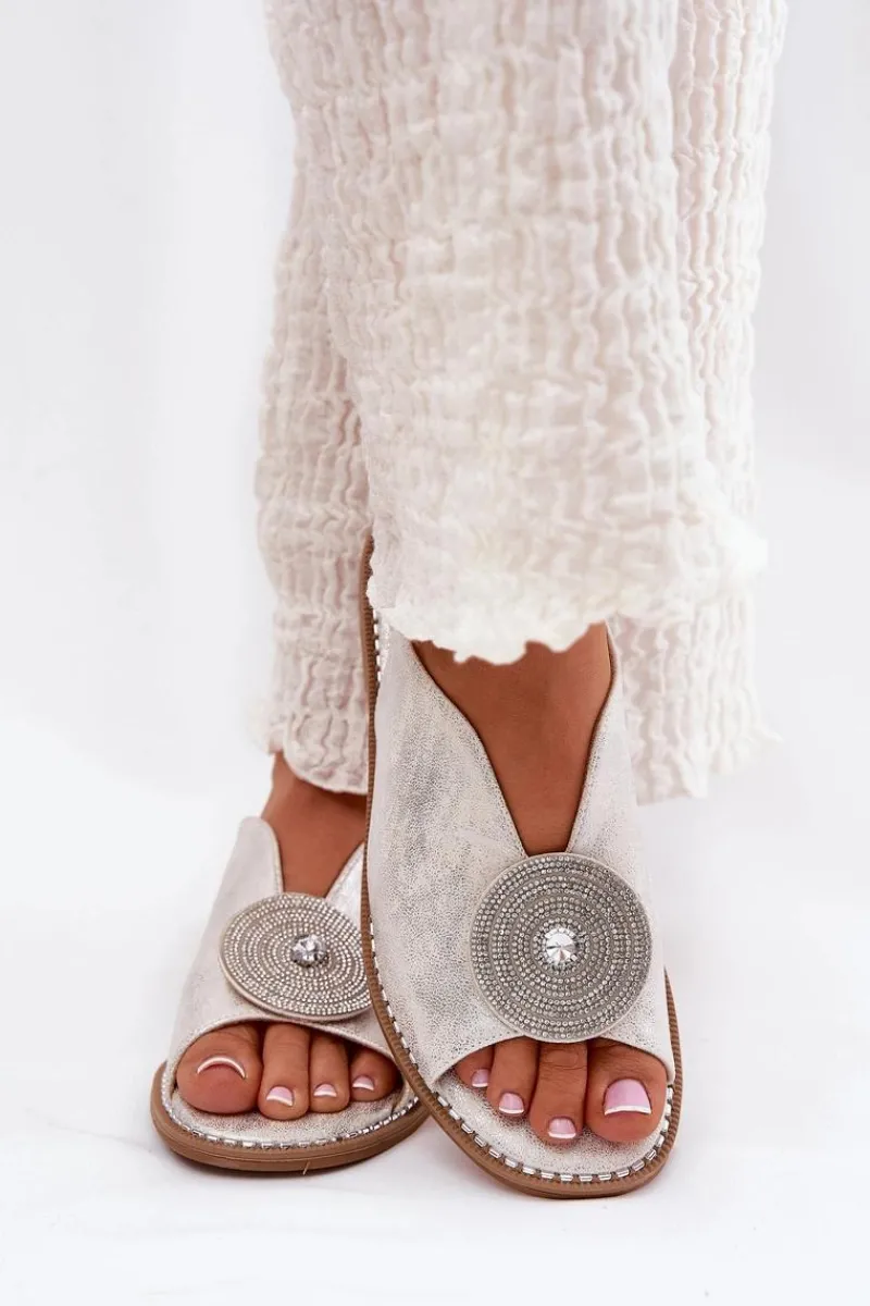 Sandały Z Cholewką|Sandały Płaskie>Damskie buty S.Barski Połyskujące Sandały Damskie Ozdobnym Detalem S.Barski KV51-012 Srebrne