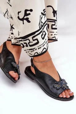 Sale Połyskujące Sandały Damskie Z Ozdobą Płaskie Czarne Russona Damskie Sandały Płaskie