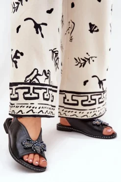 Sale Połyskujące Sandały Damskie Z Ozdobą Płaskie Czarne Russona Damskie Sandały Płaskie