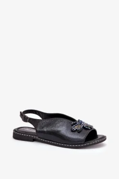 Sale Połyskujące Sandały Damskie Z Ozdobą Płaskie Czarne Russona Damskie Sandały Płaskie