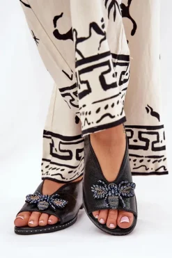 Sale Połyskujące Sandały Damskie Z Ozdobą Płaskie Czarne Russona Damskie Sandały Płaskie