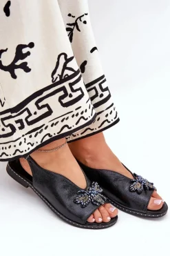 Sale Połyskujące Sandały Damskie Z Ozdobą Płaskie Czarne Russona Damskie Sandały Płaskie