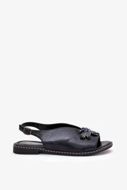 Sale Połyskujące Sandały Damskie Z Ozdobą Płaskie Czarne Russona Damskie Sandały Płaskie