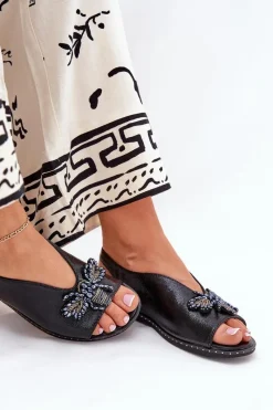 Sale Połyskujące Sandały Damskie Z Ozdobą Płaskie Czarne Russona Damskie Sandały Płaskie