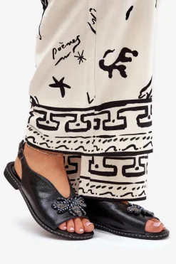 Sale Połyskujące Sandały Damskie Z Ozdobą Płaskie Czarne Russona Damskie Sandały Płaskie