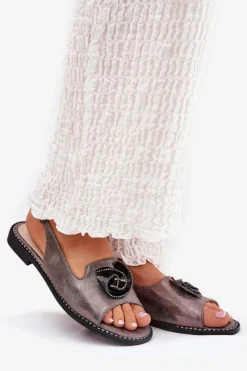 Online Połyskujące Sandały Damskie Z Ozdobą S.Barski KV51-006 Szare Damskie Sandały Płaskie