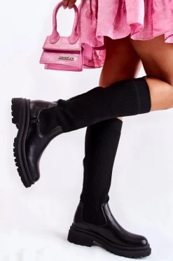 Online Prążkowane Damskie Kozaki Na Płaskim Obcasie Czarne Allys Damskie Kozaki Płaskie|Kozaki Przed Kolano