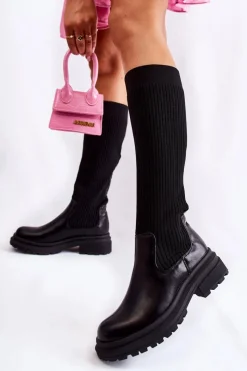 Online Prążkowane Damskie Kozaki Na Płaskim Obcasie Czarne Allys Damskie Kozaki Płaskie|Kozaki Przed Kolano