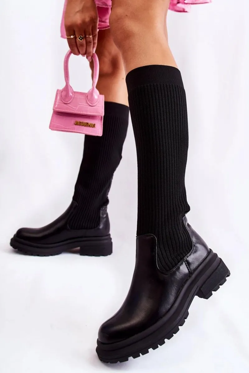 Online Prążkowane Damskie Kozaki Na Płaskim Obcasie Czarne Allys Damskie Kozaki Płaskie|Kozaki Przed Kolano