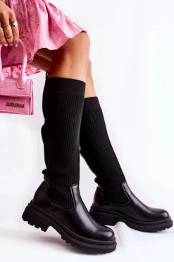 Online Prążkowane Damskie Kozaki Na Płaskim Obcasie Czarne Allys Damskie Kozaki Płaskie|Kozaki Przed Kolano