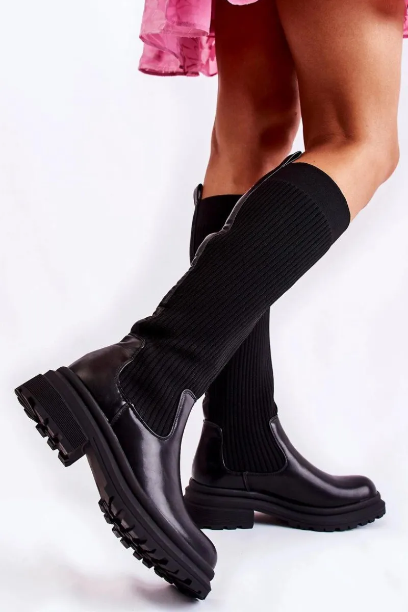 Online Prążkowane Damskie Kozaki Na Płaskim Obcasie Czarne Allys Damskie Kozaki Płaskie|Kozaki Przed Kolano