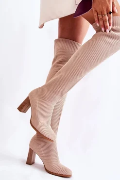 Kozaki Wiosenne|Kozaki Na Obcasie>Boto Prążkowane Klasyczne Kozaki Na Obcasie Beżowe Laossi