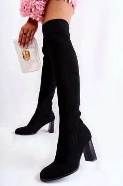 Outlet Boto Prążkowane Klasyczne Kozaki Na Obcasie Czarne Laossi