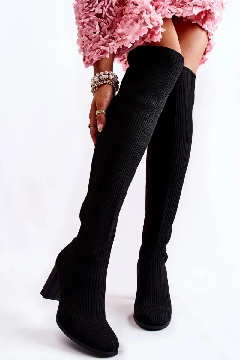 Outlet Boto Prążkowane Klasyczne Kozaki Na Obcasie Czarne Laossi