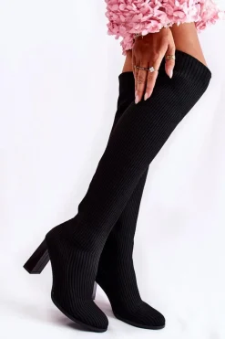 Outlet Boto Prążkowane Klasyczne Kozaki Na Obcasie Czarne Laossi