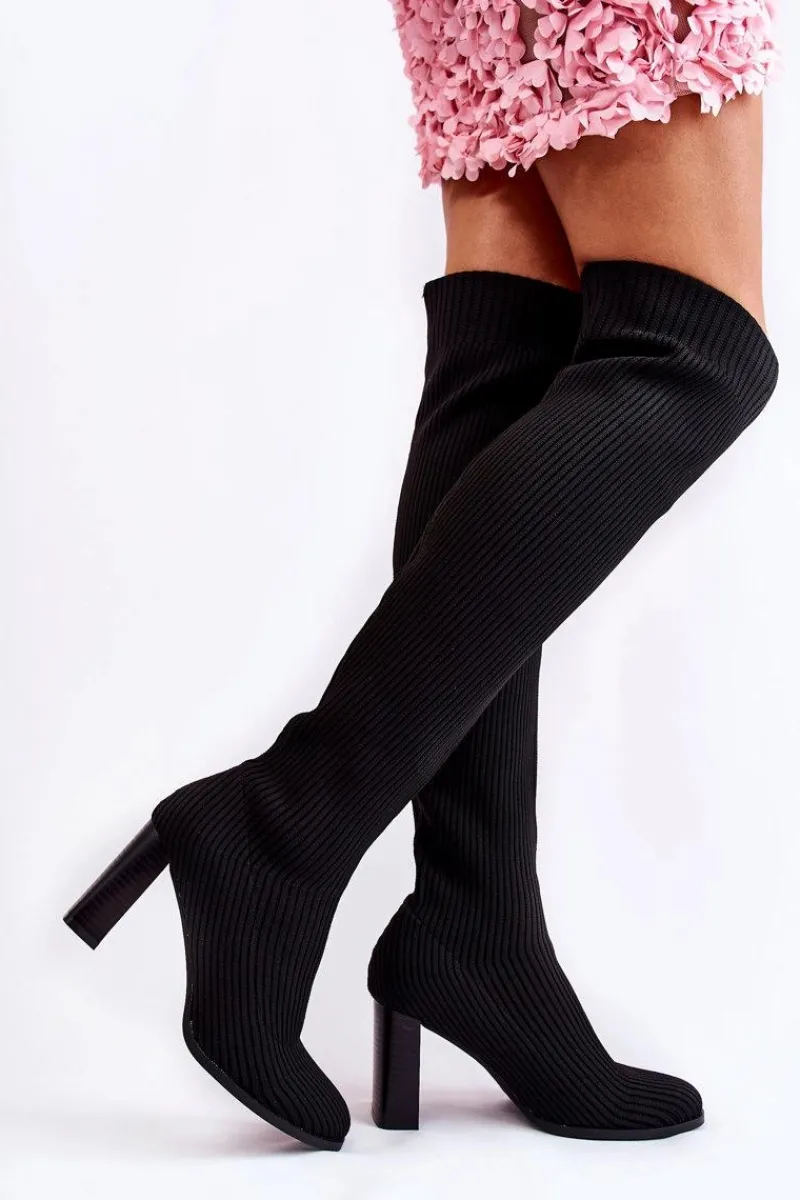 Outlet Boto Prążkowane Klasyczne Kozaki Na Obcasie Czarne Laossi