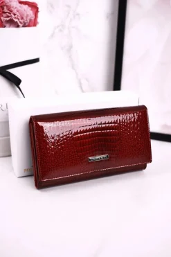 Portfele>Boto Średni Skórzany Portfel Damski LORENTI Lakierowany Czerwony