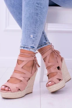 Best Różowe Zamszowe Sandały Na Koturnie Nowelio Damskie Sandały Na Koturnie