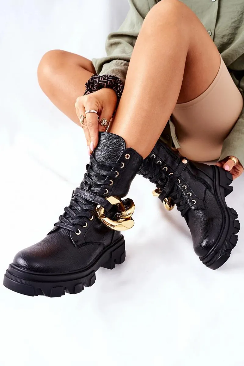 Damskie Trapery|Botki Sznurowane>Damskie buty S.Barski S. Barski Damskie Botki Trapery Czarne Jensen