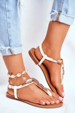 Best Boto Sandałki Damskie Eleganckie Japonki Złote Liście Białe Sometimes