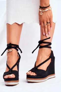 Sandały Na Koturnie>Boto Sandałki Damskie Na Koturnie Wiązane Czarne Sydney