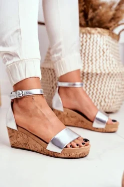 Clearance Boto Sandałki Damskie Na Koturnie Srebrne MarryMe