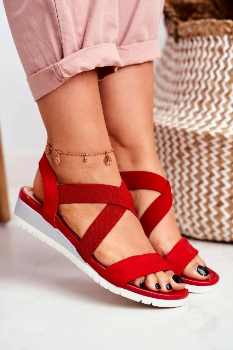 Outlet Sandałki Damskie Na Koturnie Czerwone Wsuwane Harper Damskie Sandały Na Koturnie