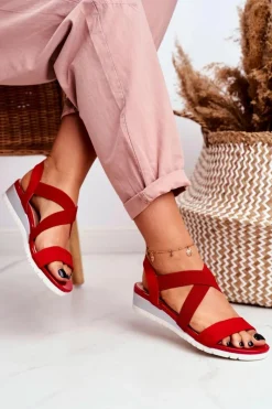 Outlet Sandałki Damskie Na Koturnie Czerwone Wsuwane Harper Damskie Sandały Na Koturnie