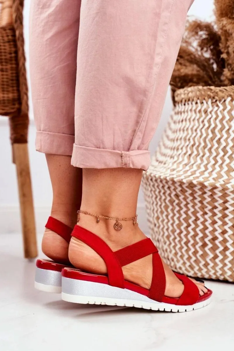 Outlet Sandałki Damskie Na Koturnie Czerwone Wsuwane Harper Damskie Sandały Na Koturnie