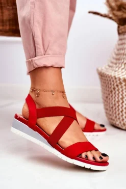 Outlet Sandałki Damskie Na Koturnie Czerwone Wsuwane Harper Damskie Sandały Na Koturnie