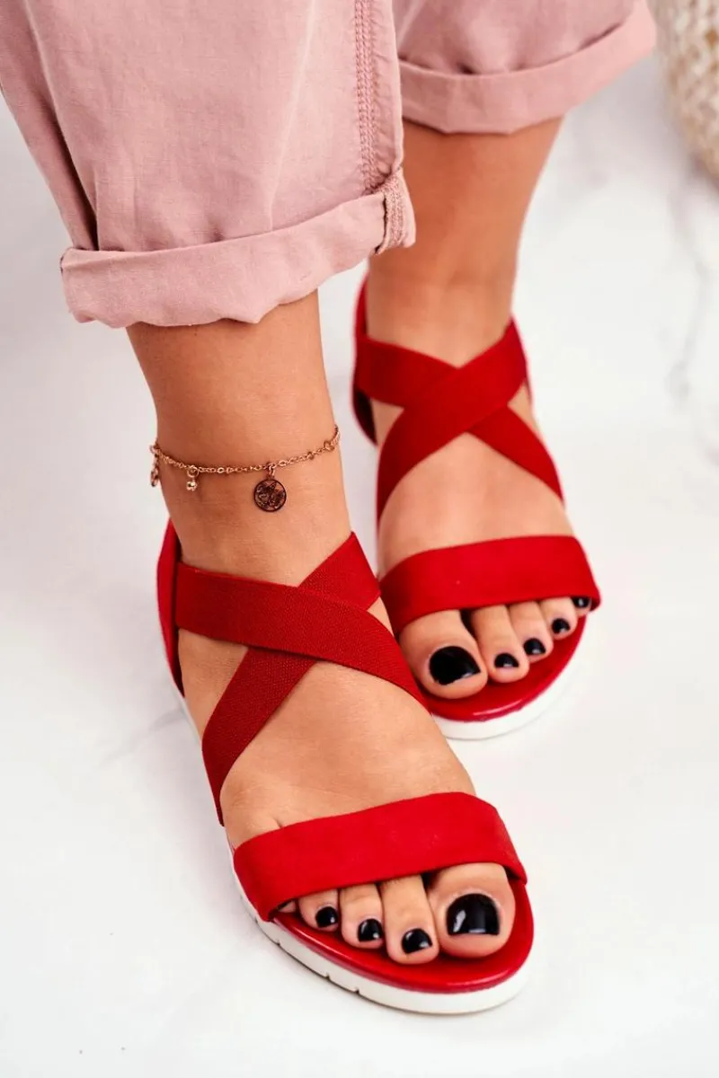 Outlet Sandałki Damskie Na Koturnie Czerwone Wsuwane Harper Damskie Sandały Na Koturnie