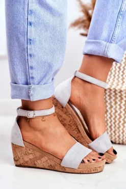 Hot Boto Sandałki Damskie Na Koturnie Szare MarryMe