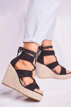 Sandały Na Koturnie>Boto Sandałki Damskie Na Koturnie espadrylu czarne Beautiful One