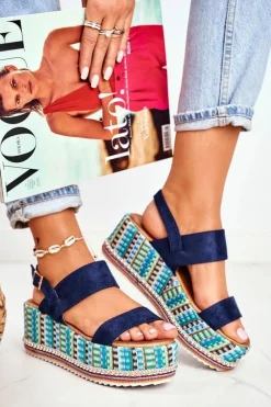 Sandałki Damskie Na Koturnie espadrylu granatowe Sandy Damskie Sandały Na Koturnie